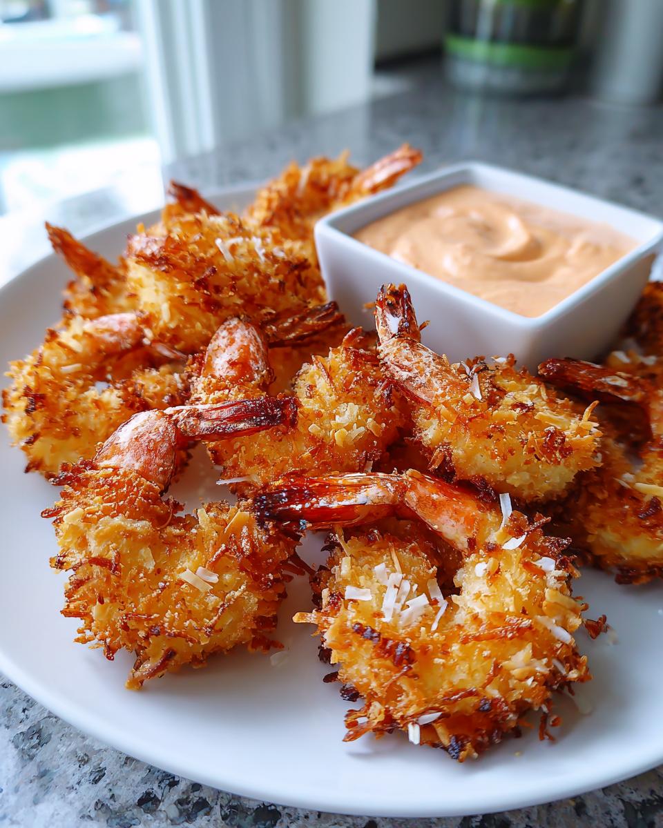 A plate piled high with golden brown, crispy coconut shrimp served alongside a small bowl of orange dipping sauce.