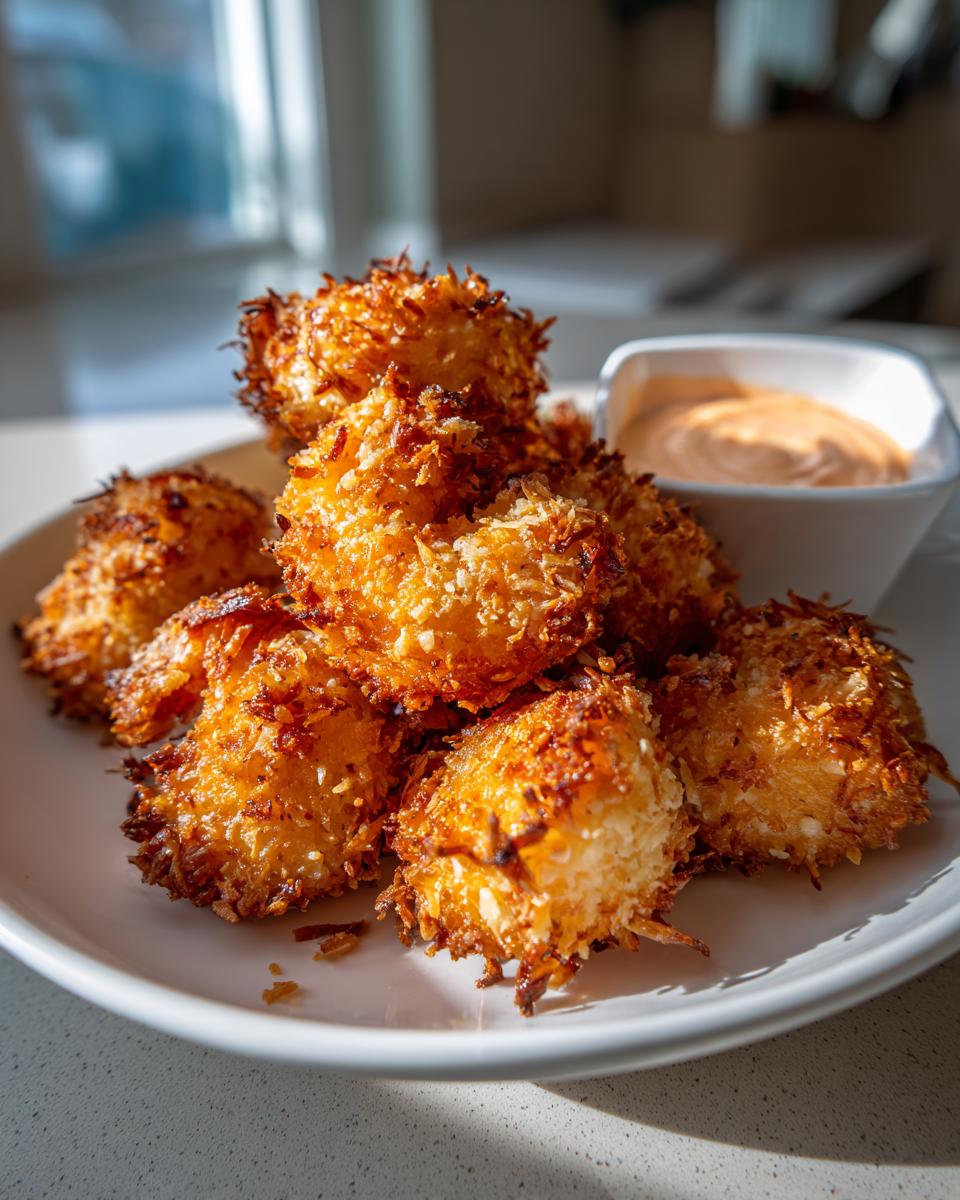 A pile of crispy, golden brown coconut shrimp served on a white plate next to a small bowl of orange dipping sauce.