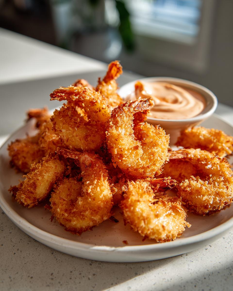 A plate piled high with golden brown, crispy coconut shrimp served with a side of creamy dipping sauce.