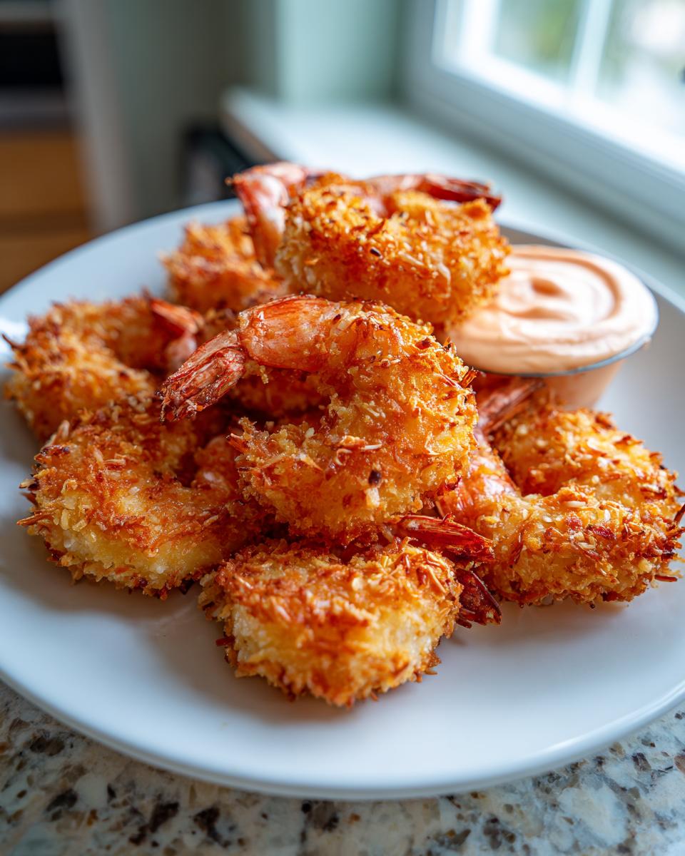A pile of perfectly fried, golden brown coconut shrimp served with a small cup of dipping sauce.