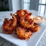 A close-up of perfectly fried, crispy coconut shrimp piled on a white plate next to a small bowl of orange dipping sauce.