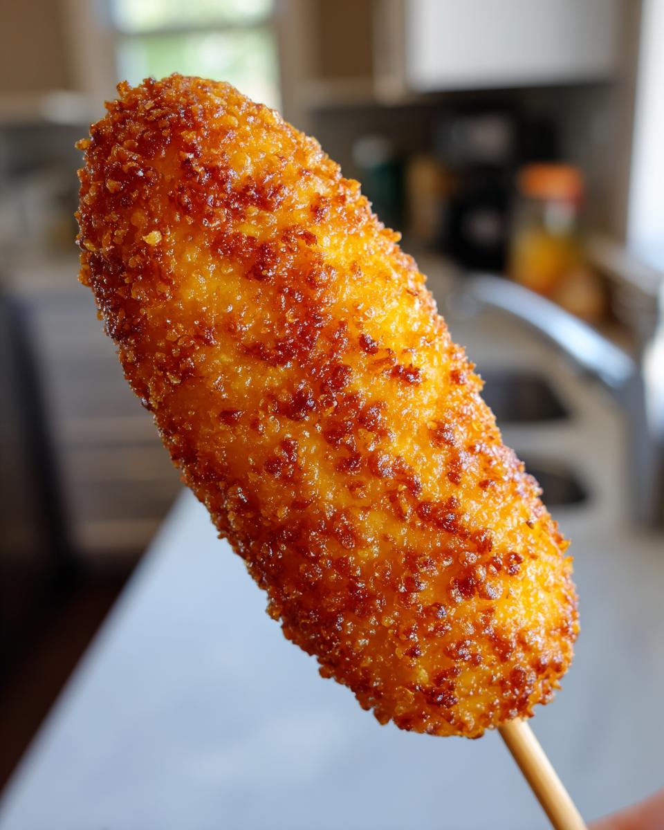 Close-up of a perfectly golden-brown, crispy corn dogs coated in crunchy breading, held on a wooden stick.