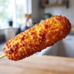 Close-up of a perfectly fried, crispy corn dog with a crunchy, textured golden-brown exterior on a wooden stick.