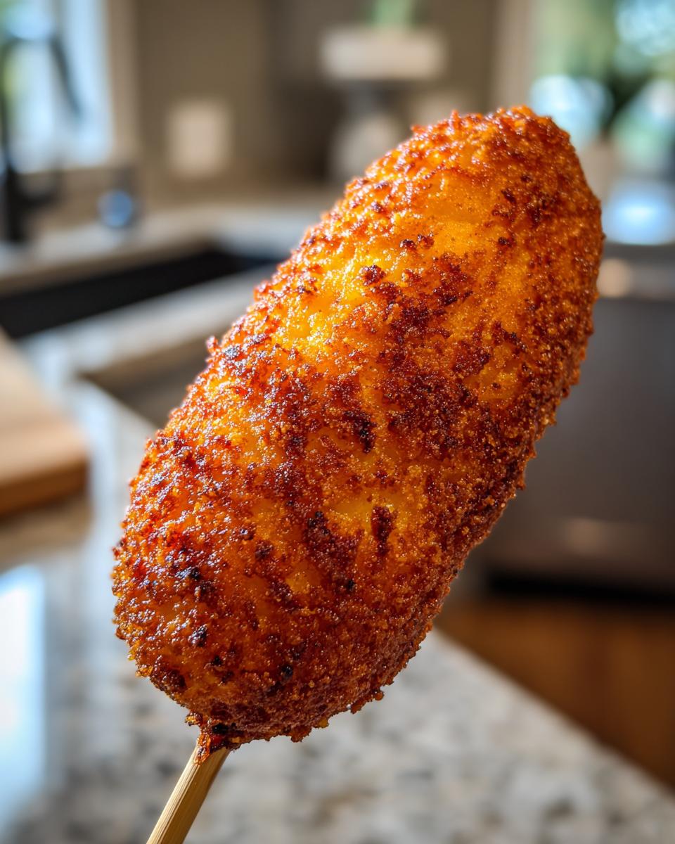 Close-up of a golden brown, crispy corn dog coated in seasoned crumbs on a wooden stick.