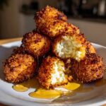 A stack of golden-brown, crispy fried goat cheese balls, one broken open to show the creamy interior, drizzled with honey.