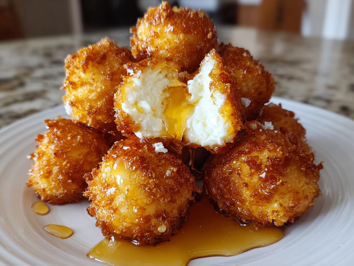 A stack of golden brown, crispy fried goat cheese balls drizzled generously with honey, one is broken open showing the soft white cheese.