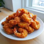 A generous pile of golden brown, crispy fried shrimp served on a white plate, ready to eat.