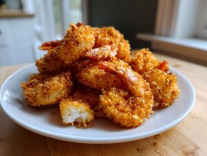 A pile of perfectly golden, crispy fried shrimp with tails on, served on a white plate.