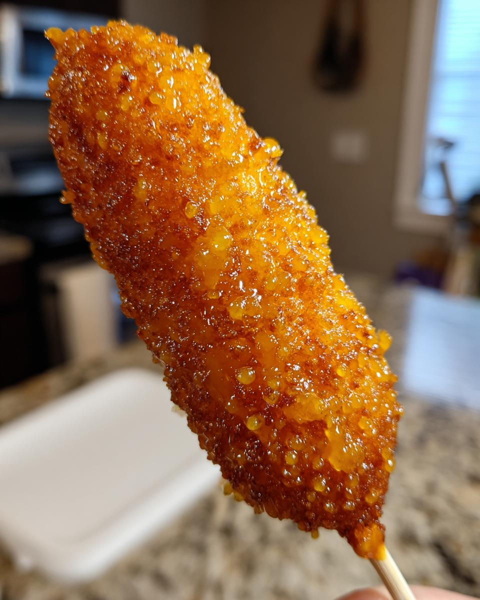 Extreme close-up of a freshly fried corn dog showing a thick, bubbly, and golden-orange crispy coating.