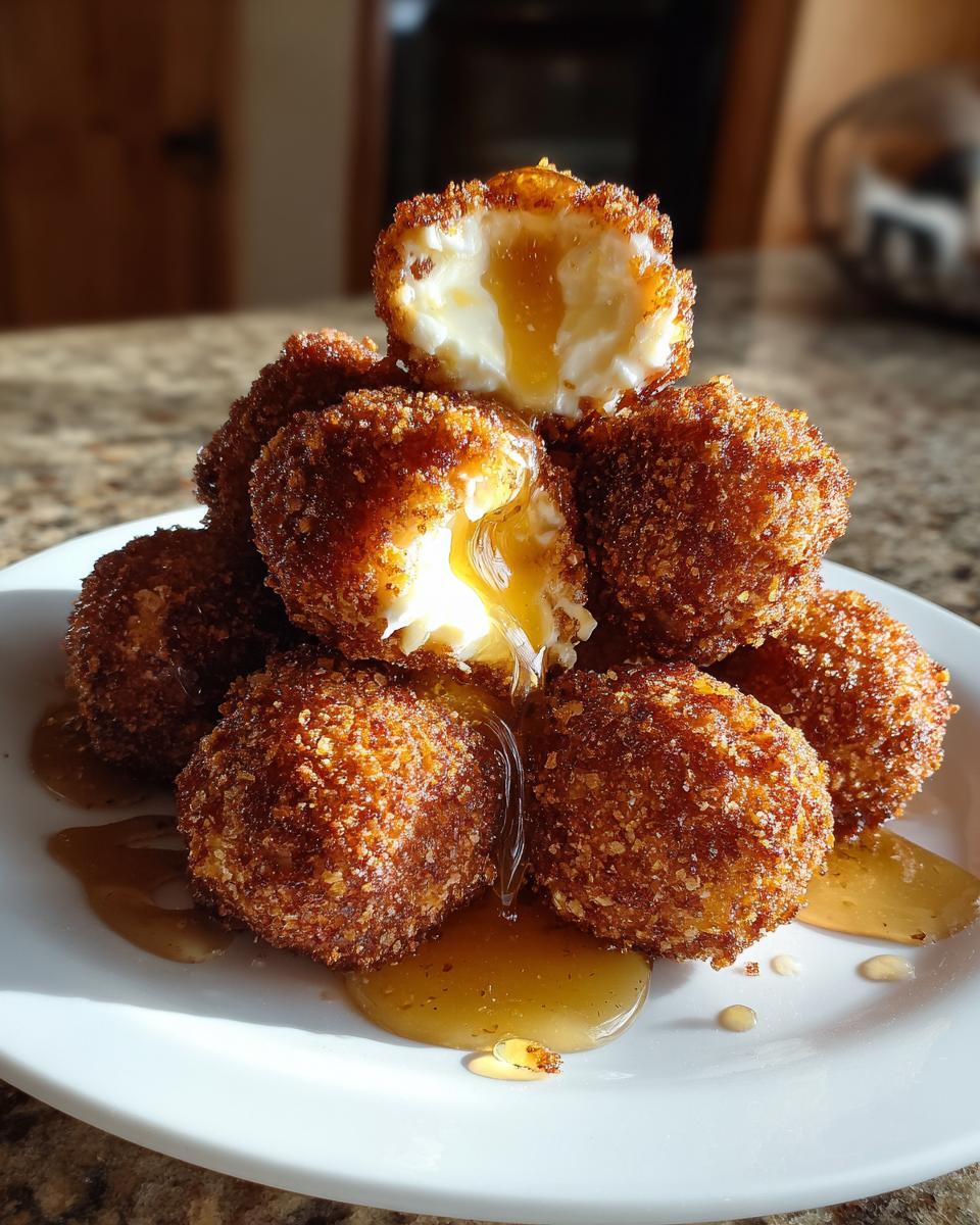 Stack of crispy, golden brown goat cheese balls, with two cracked open revealing the melted interior and honey dripping out.