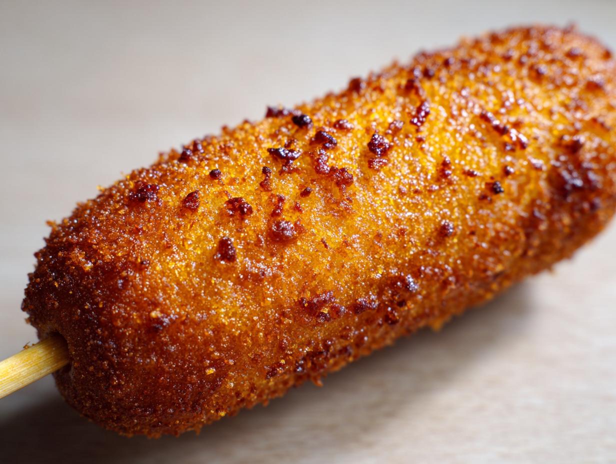Extreme close-up of a perfectly fried, crispy, golden-brown corn dog on a wooden stick.