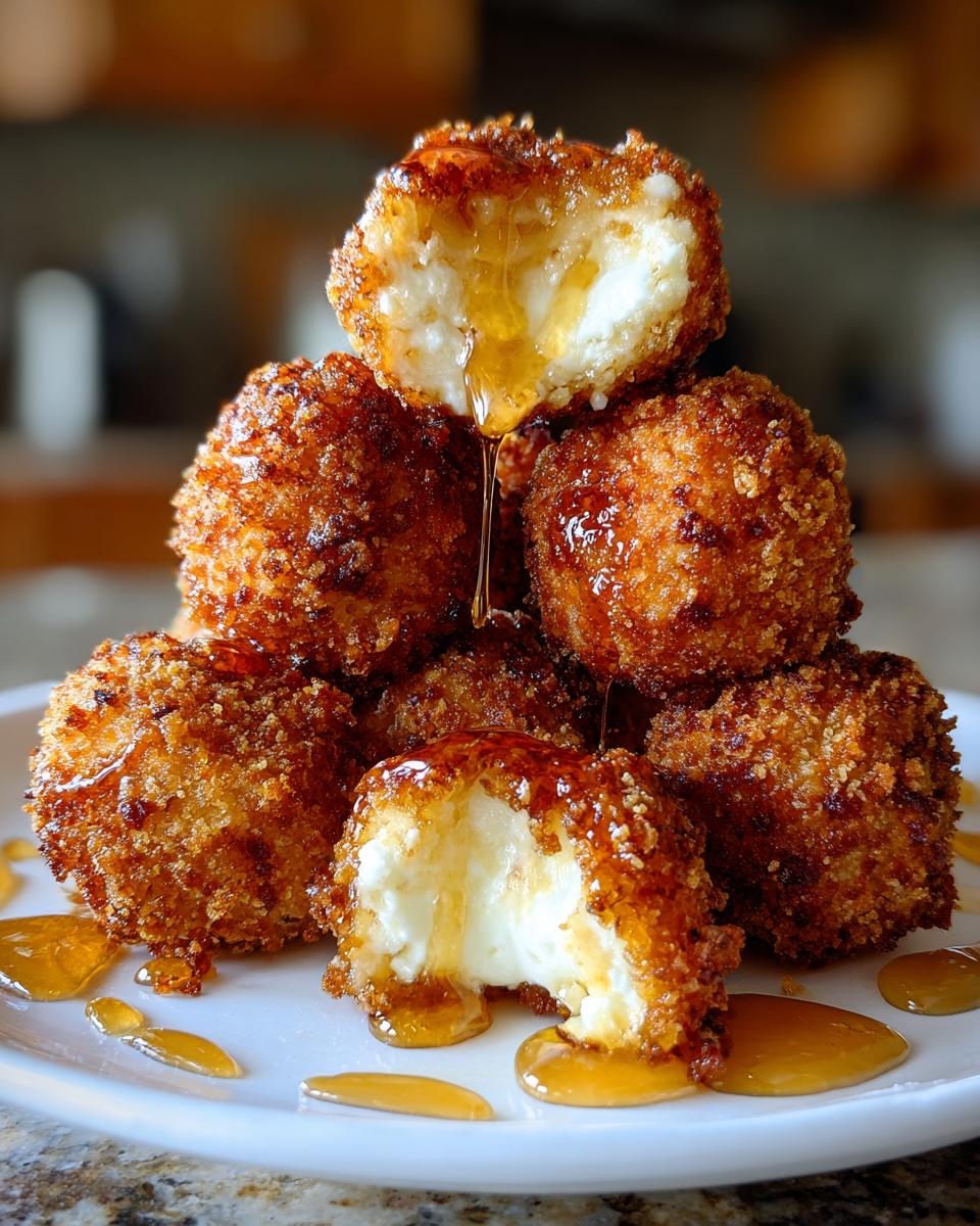 A stack of crispy, golden brown goat cheese balls drizzled heavily with honey, showing the melted white cheese inside.