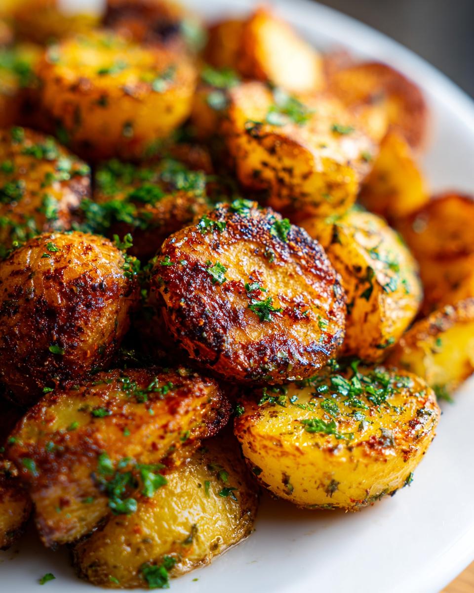 Close-up of golden brown, crispy oven roasted potatoes sprinkled with fresh parsley.