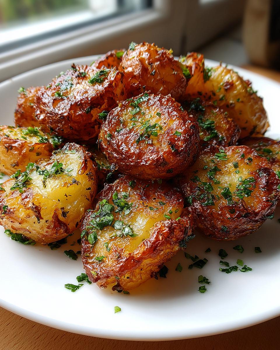 A close-up of golden brown, crispy oven roasted potatoes sprinkled with fresh chopped parsley.