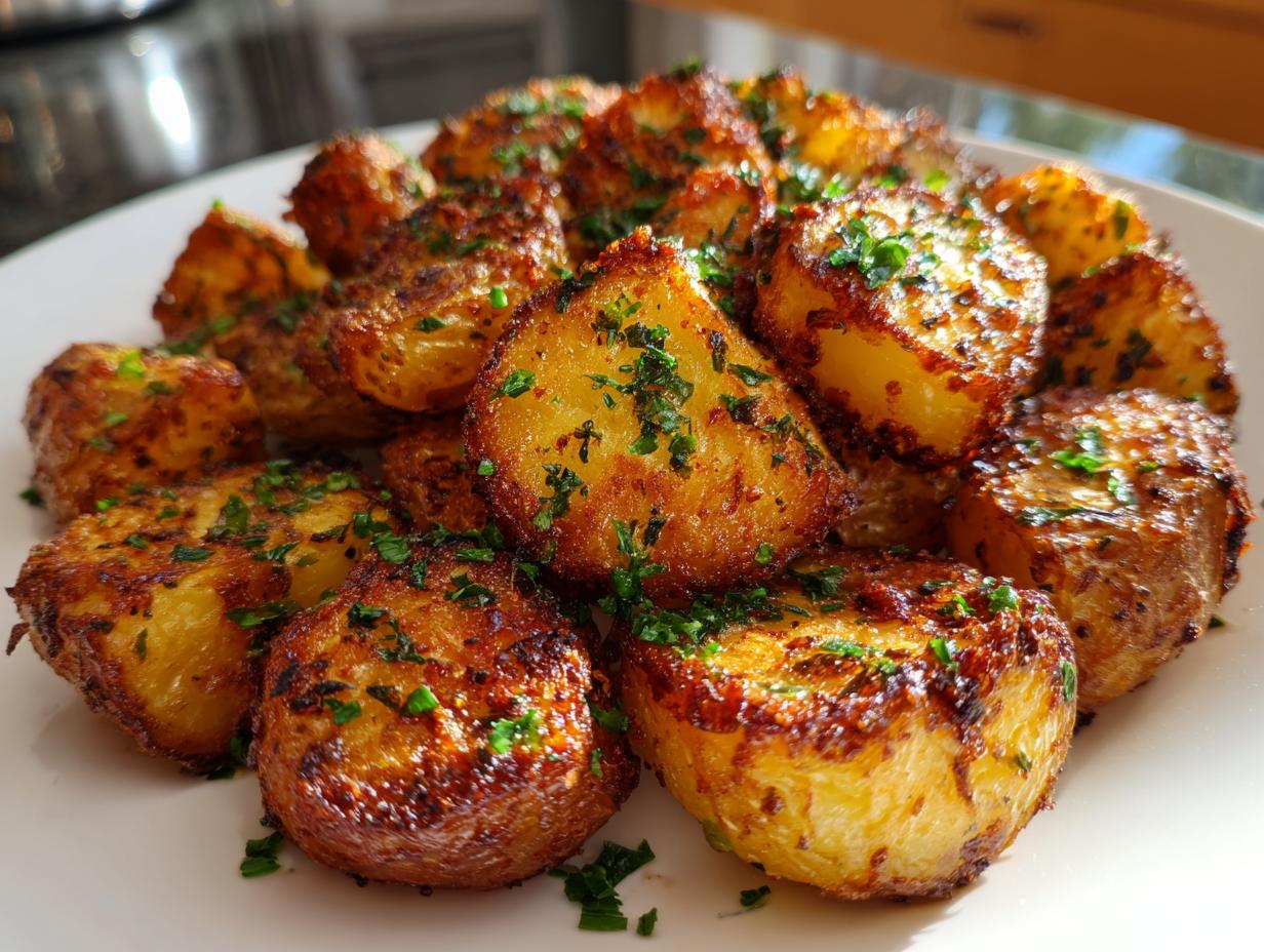 Close-up of golden brown, crispy oven roasted potatoes sprinkled with fresh chopped parsley.