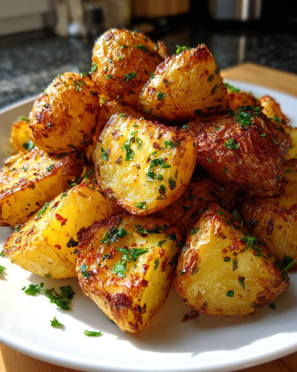 A close-up of golden, crispy oven roasted potatoes piled high on a white plate and sprinkled with fresh parsley.