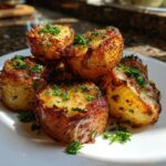 A pile of golden brown, crispy oven roasted potatoes garnished with fresh chopped parsley on a white plate.