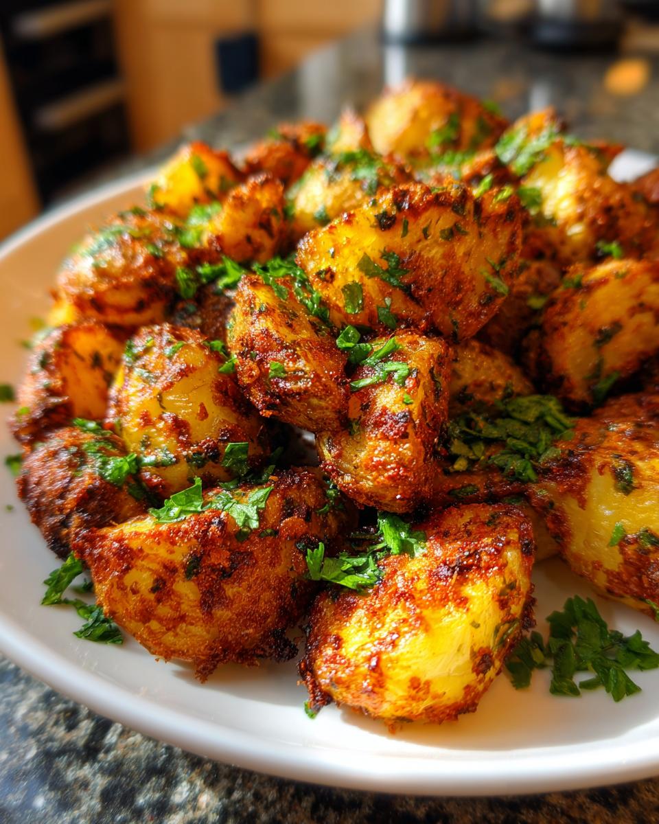 Close-up of golden brown, crispy oven roasted potatoes seasoned and topped with fresh chopped parsley.