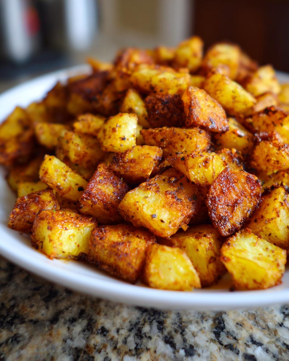 Close-up of perfectly crispy, golden-brown seasoned breakfast potatoes piled high on a white plate.