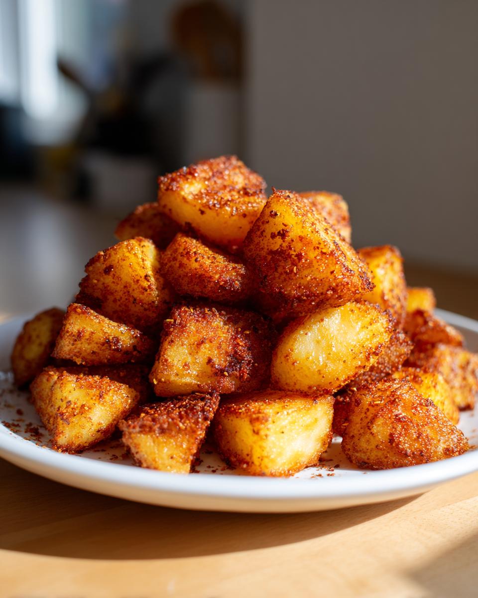 A mound of golden, crispy breakfast potatoes seasoned heavily with paprika or chili powder, served on a white plate.