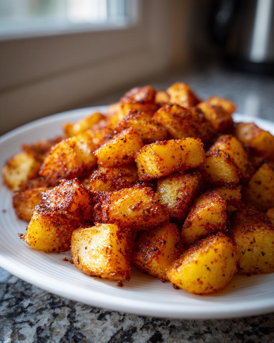 Close-up of a mound of golden, crispy breakfast potatoes heavily seasoned with spices, served on a white plate.