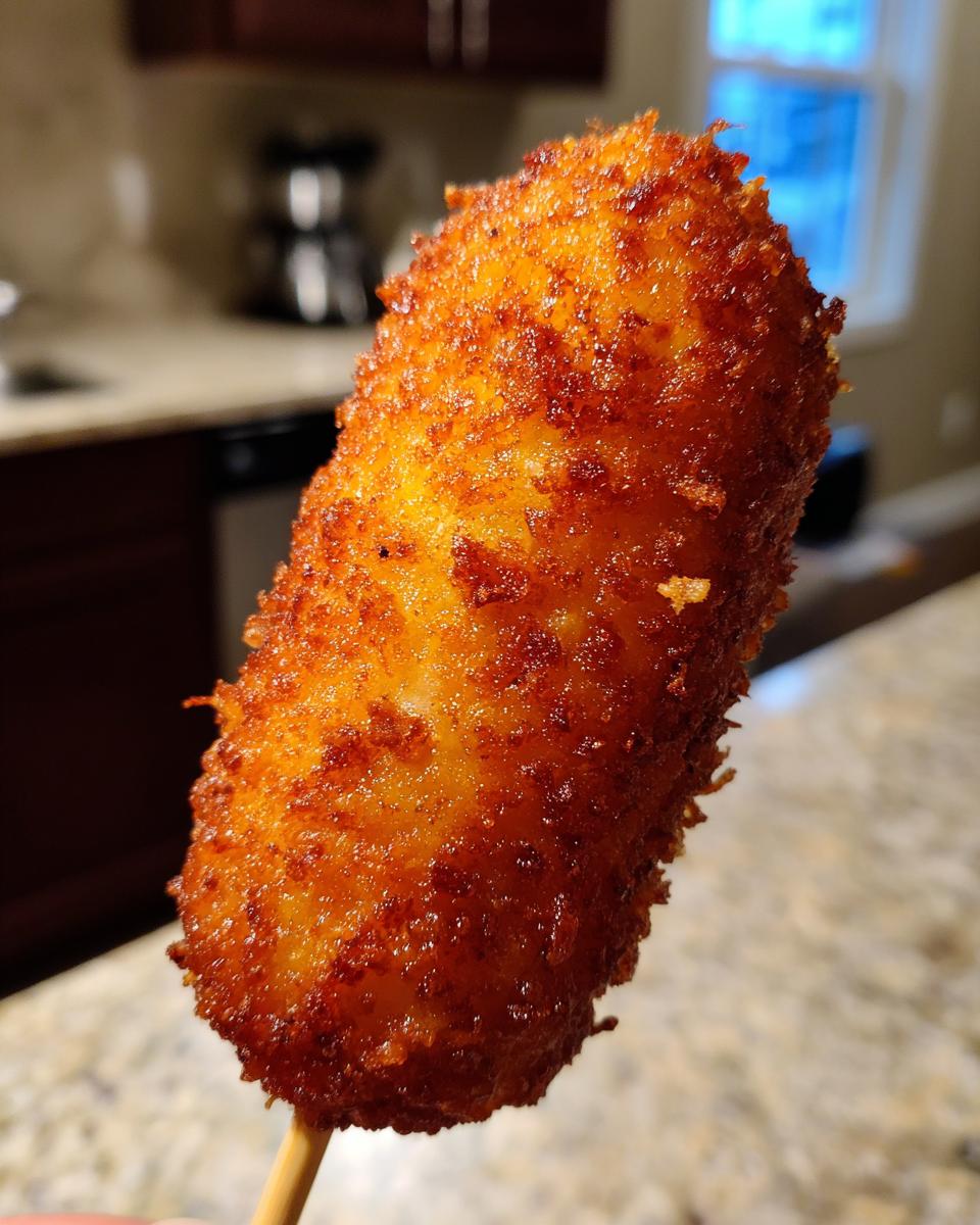 A close-up, vertical shot of a single, perfectly golden-brown and crispy corn dogs on a wooden stick.