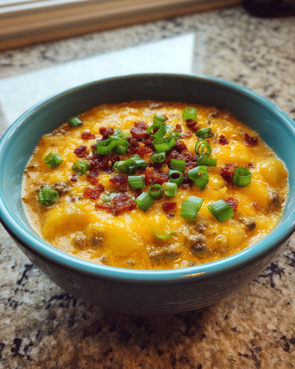 A close-up of a bowl of rich crockpot cheeseburger soup, topped with melted cheddar and green onions.