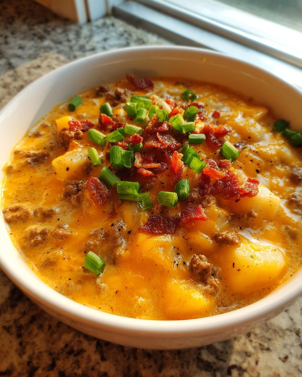 Close-up of a hearty bowl of crockpot cheeseburger soup topped with bacon bits and green onions.