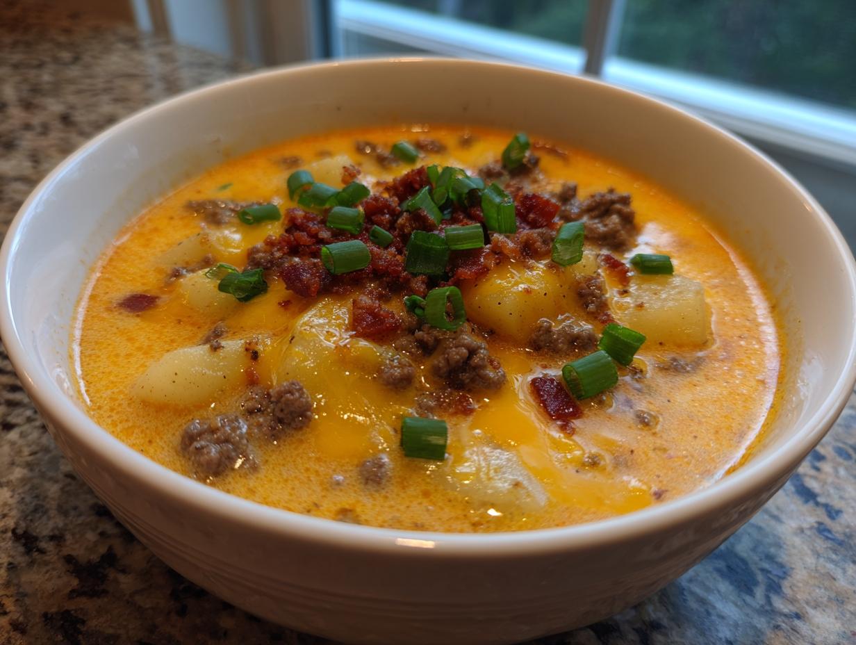 A close-up of a hearty bowl of crockpot cheeseburger soup, topped with ground beef, bacon bits, and green onions.