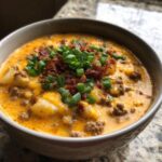 A close-up of a hearty bowl of crockpot cheeseburger soup, topped with melted cheese, bacon bits, and green onions.