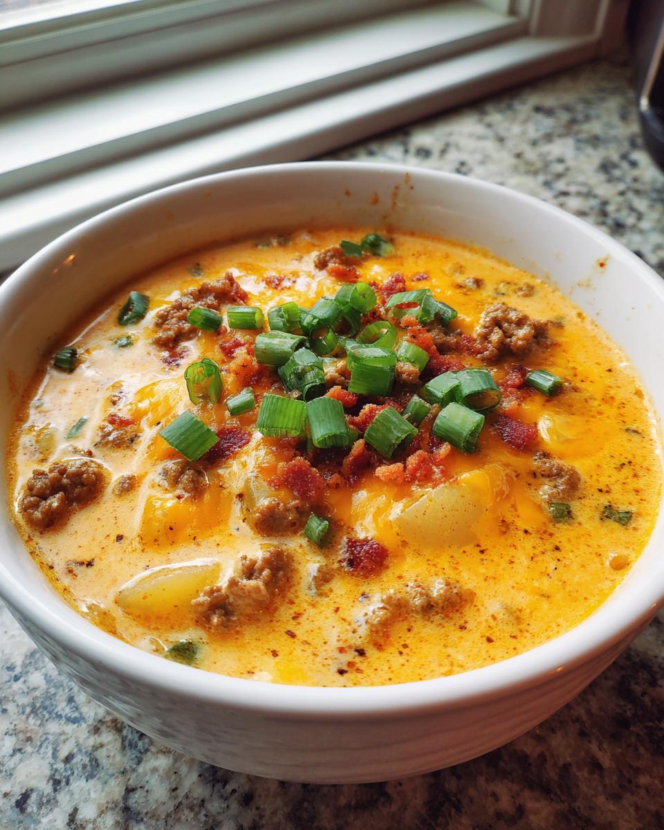 A close-up of a bowl of creamy crockpot cheeseburger soup garnished with ground beef, bacon bits, and fresh green onions.
