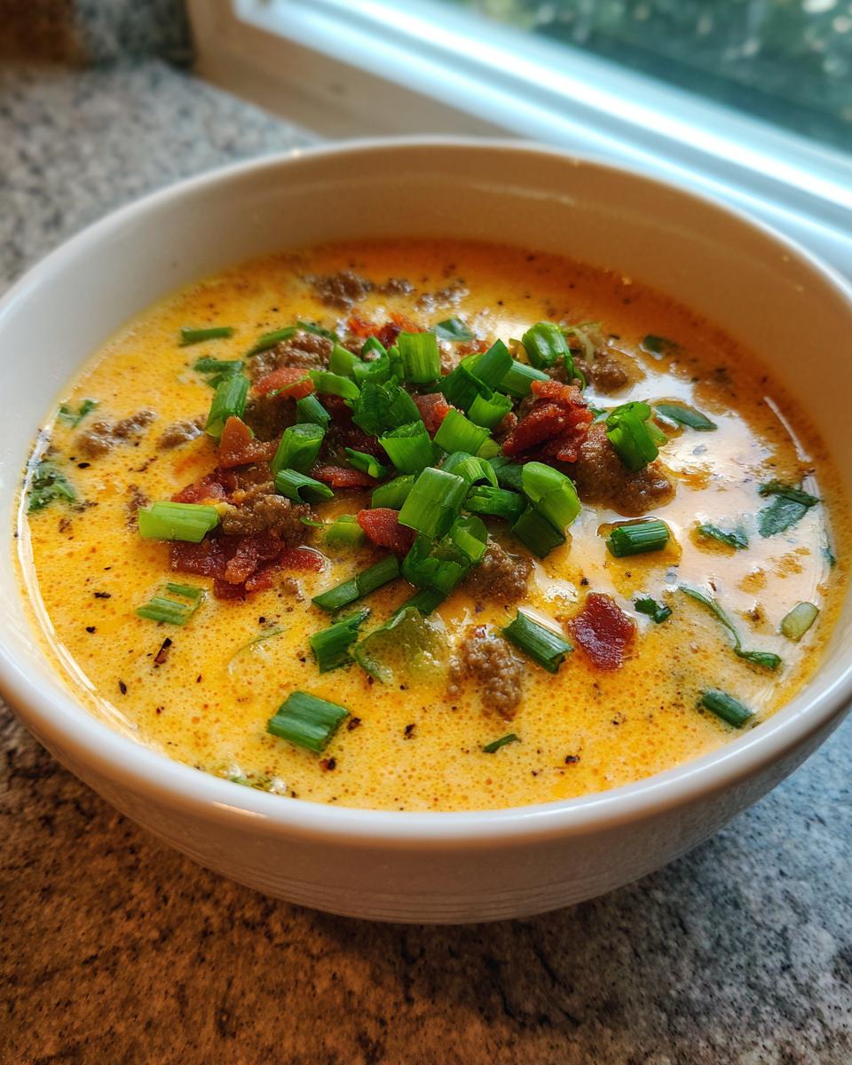 A close-up of creamy crockpot cheeseburger soup topped with crumbled bacon and fresh green onions.