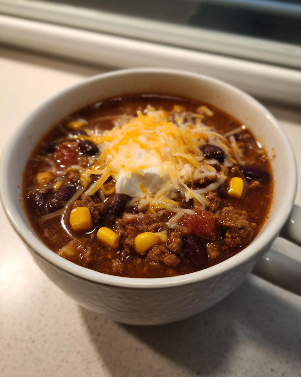 A white bowl filled with hearty crockpot cowboy soup, topped with shredded cheese, sour cream, corn, and beans.