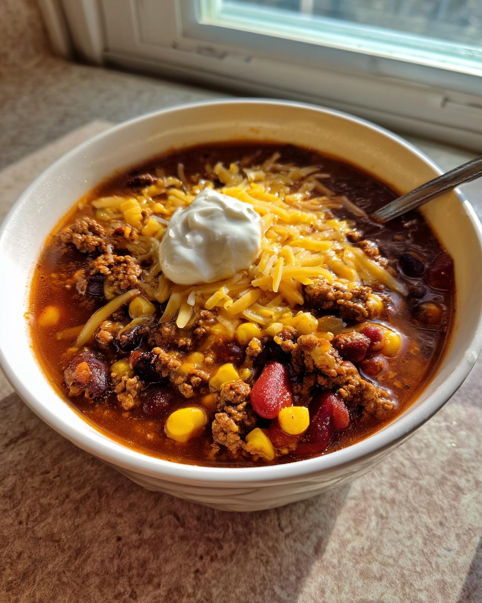 A hearty bowl of crockpot cowboy soup topped with shredded cheese, sour cream, beans, and corn.