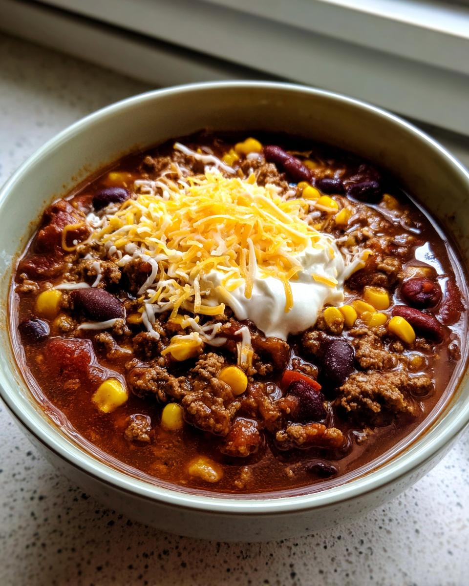 A close-up of a bowl of rich crockpot cowboy soup topped with shredded cheese, sour cream, beans, and corn.