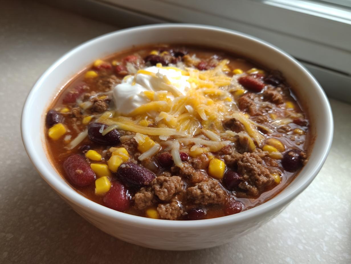 Close-up of a white bowl filled with rich crockpot cowboy soup, topped with ground beef, beans, corn, shredded cheese, and sour cream.
