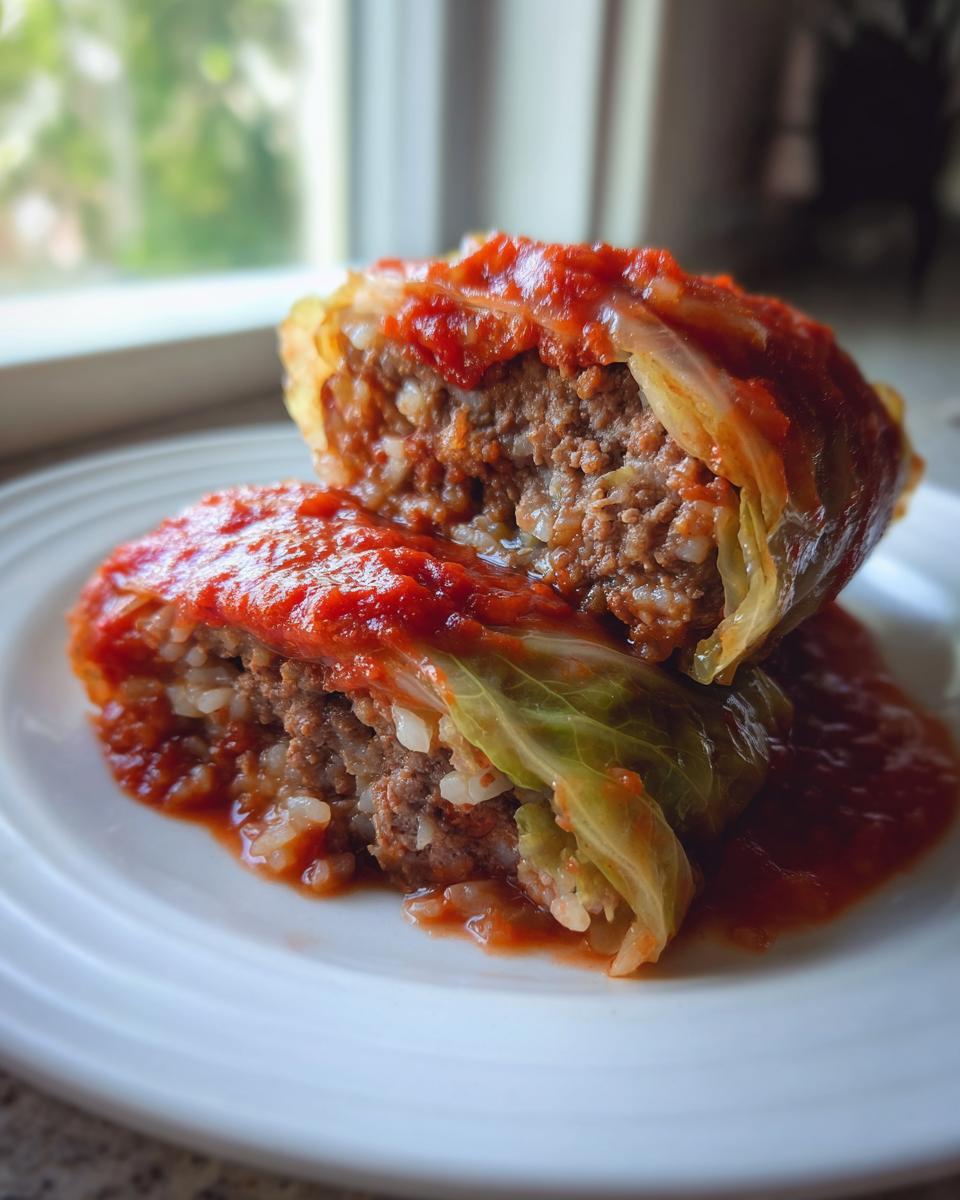 A close-up of two halves of cabbage rolls, showing the meat and rice filling, topped with red tomato sauce.