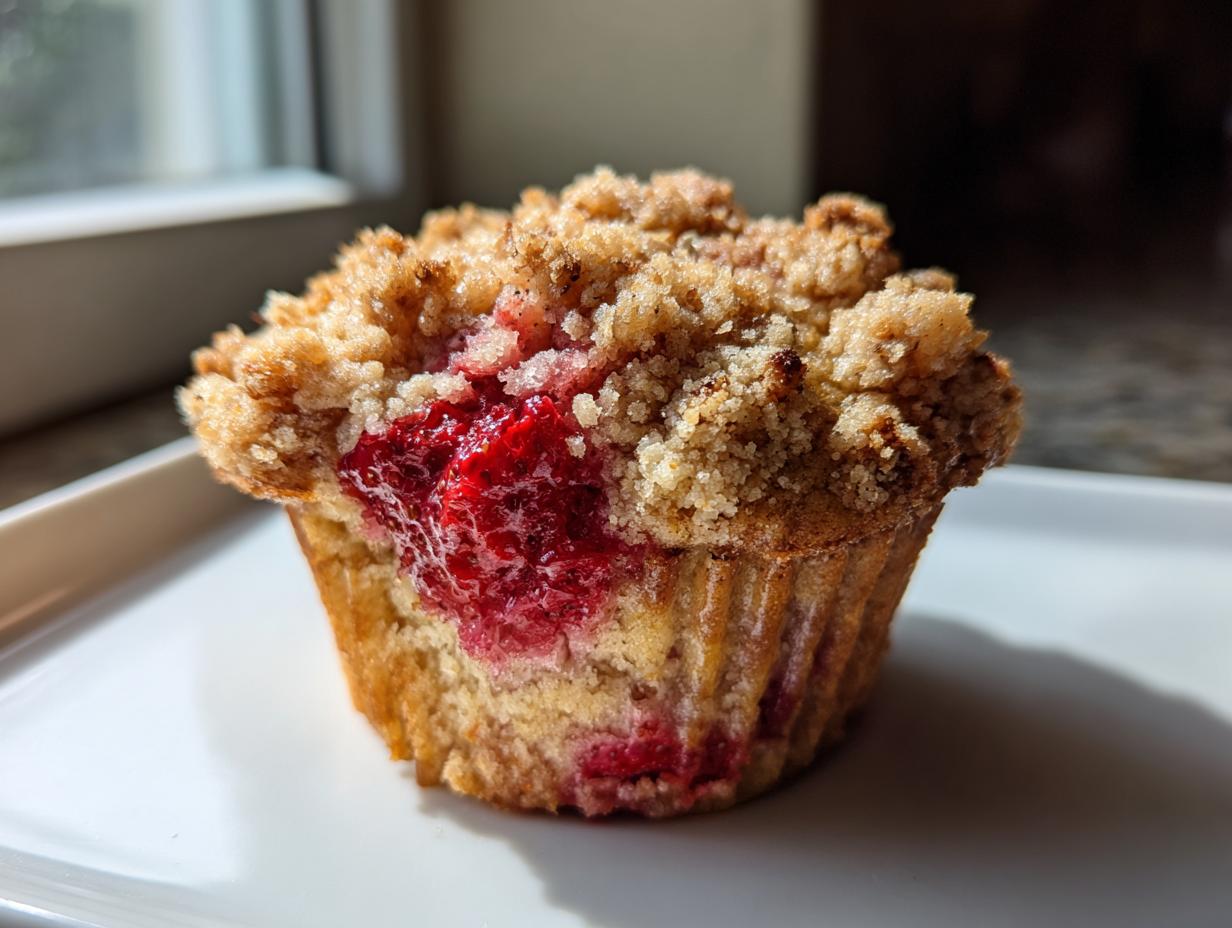A single, delicious strawberry muffin with a thick, sugary crumb topping sits on a white plate.