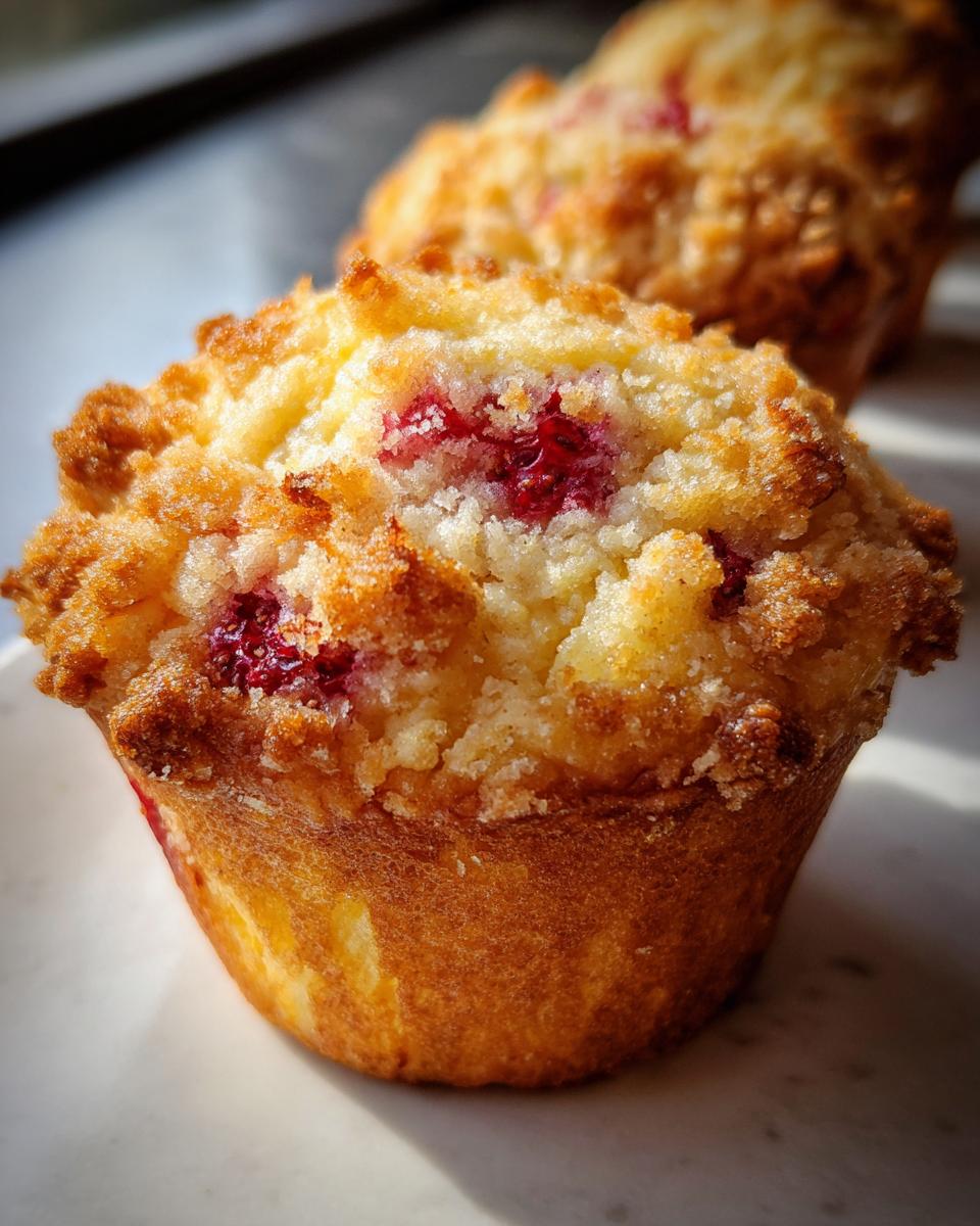 Close-up of a golden brown strawberry muffins with a sugary crumb topping, highlighting the bright red fruit inside.
