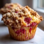 A close-up of a delicious strawberry muffins topped with a generous layer of brown sugar streusel.