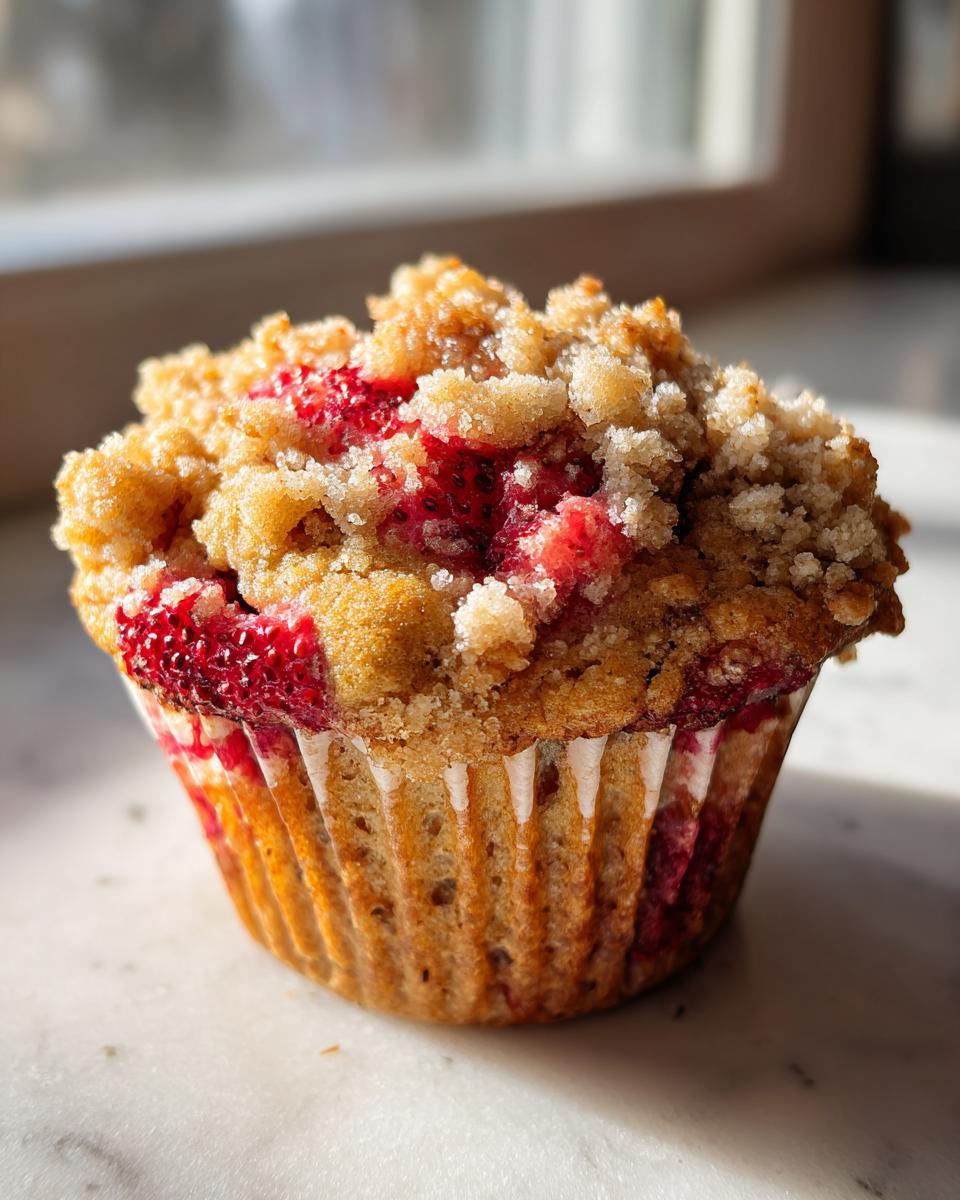 A single, freshly baked strawberry muffins topped with a golden brown streusel crumb topping, sitting on a white surface.