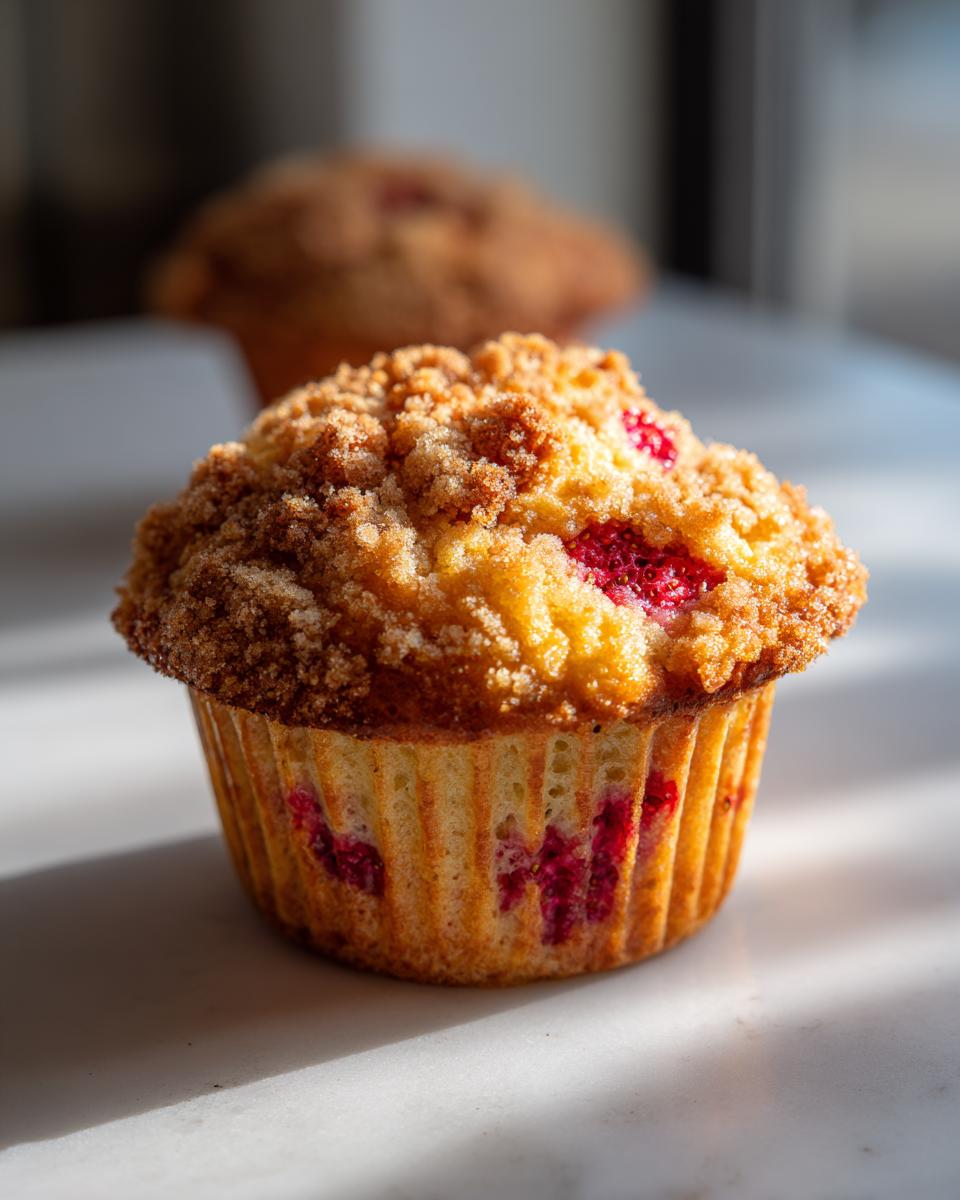 A close-up of a freshly baked strawberry muffin with a golden crumb topping, featuring visible pieces of bright red fruit.