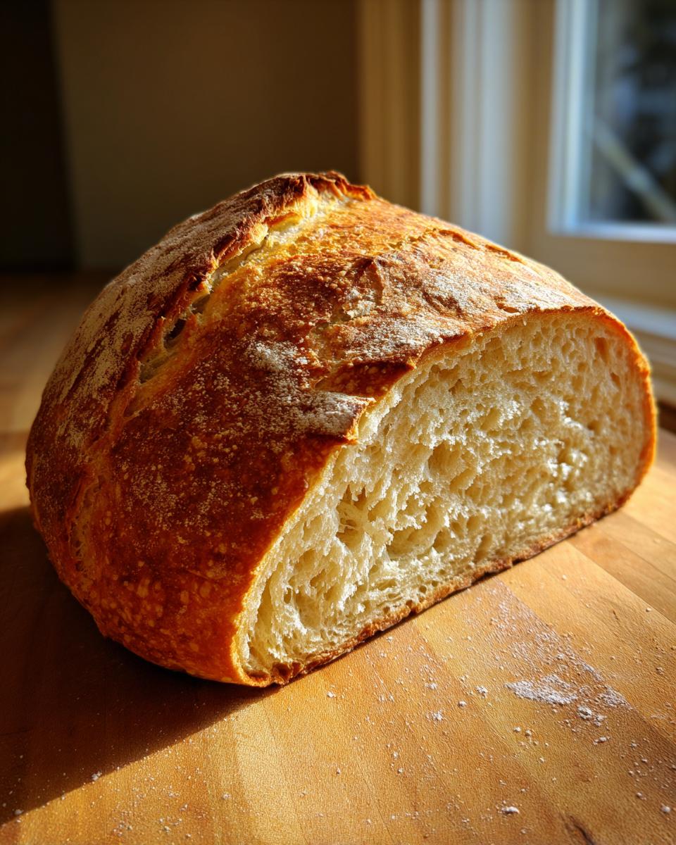 A rustic, golden-crusted loaf of Italian bread, cut to show the airy interior crumb, resting on a wooden board.