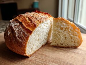 A freshly baked Italian bread loaf, sliced open to show the airy crumb and golden crust, resting on a wooden cutting board.