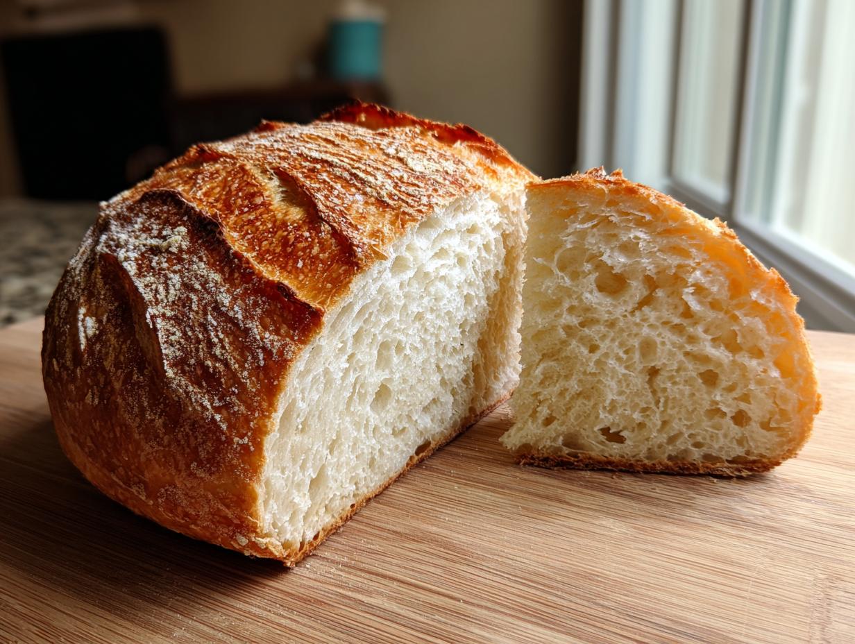 A freshly baked Italian bread loaf, sliced open to show the airy crumb and golden crust, resting on a wooden cutting board.