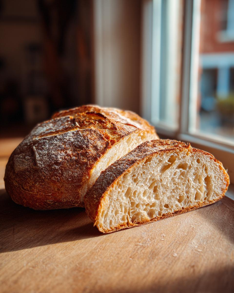 A freshly baked loaf of Italian bread, sliced to show the airy, open crumb texture, sitting on a wooden board.
