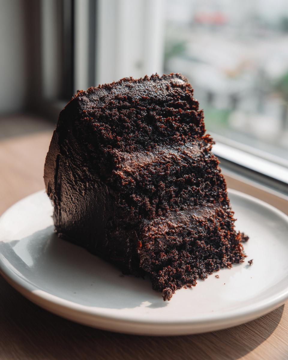 A moist, dark chocolate slice of cake, possibly a rich capricorn cake, sitting on a white plate near a window.