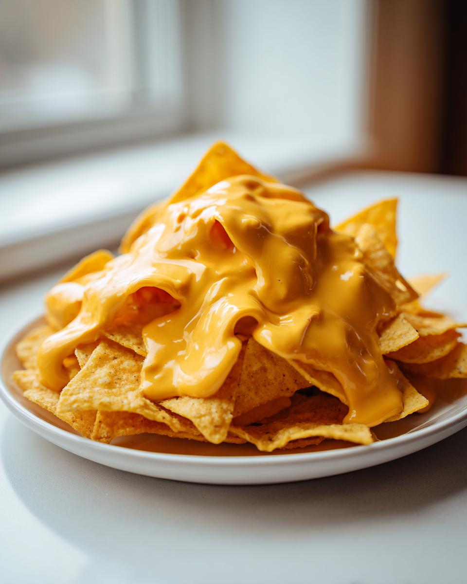 A mound of tortilla chips smothered in thick, bright yellow homemade nacho cheese sauce.