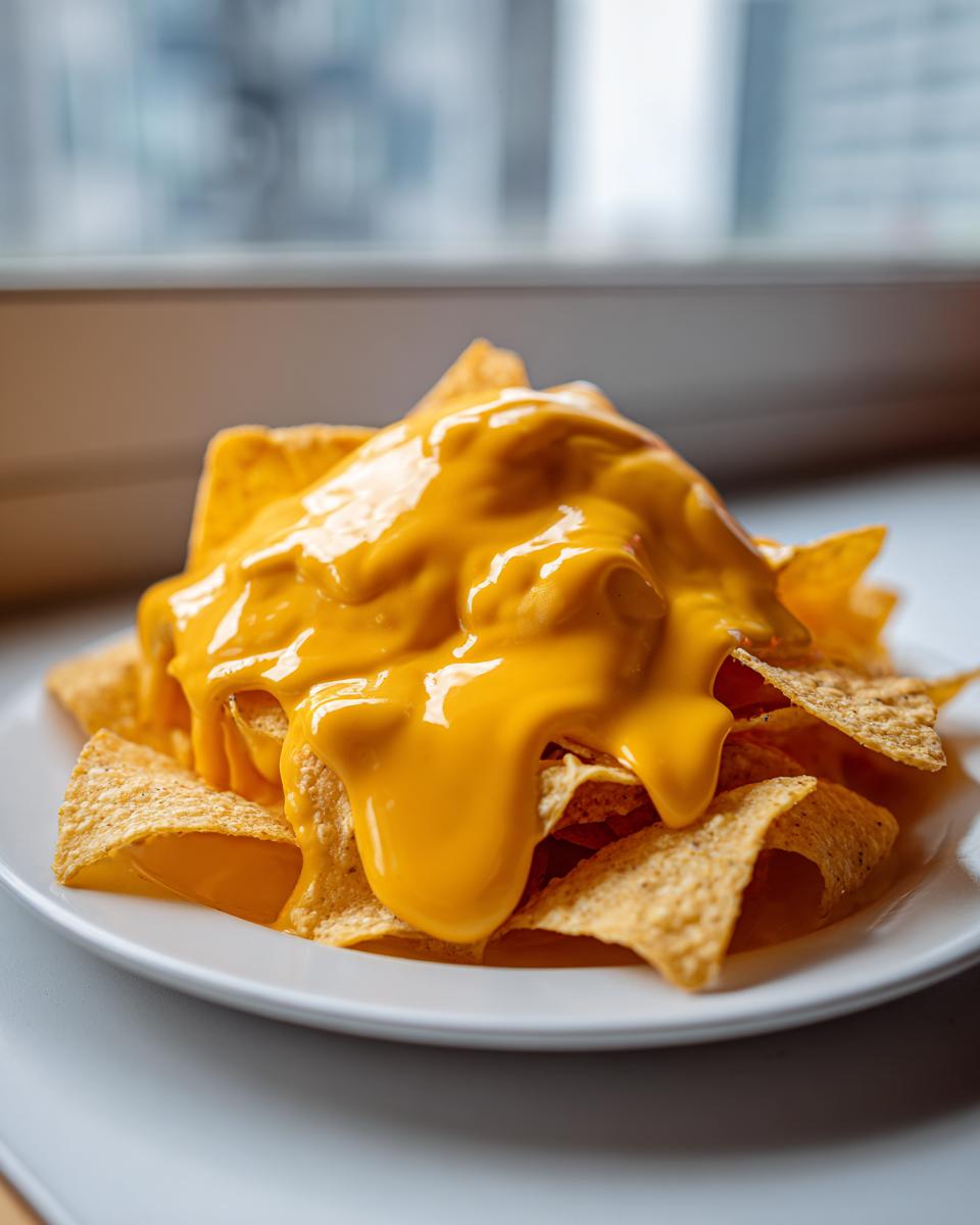 A plate piled high with tortilla chips drenched in thick, bright orange homemade nacho cheese sauce.