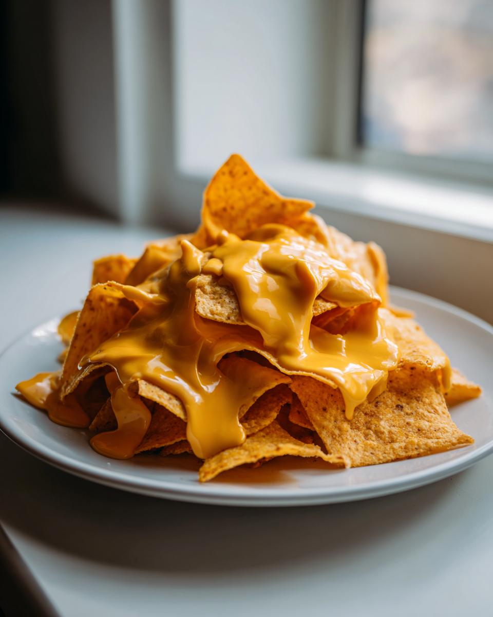 A pile of tortilla chips smothered in thick, bright nacho cheese sauce, ready to eat.